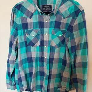 American Eagle Mens Blue Green Plaid Pearl Snap Western Slim Fit Shirt